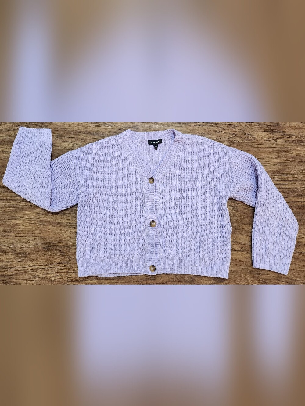 DKNY Lilac V-Neck Cropped Chunky Knit Button Cardigan